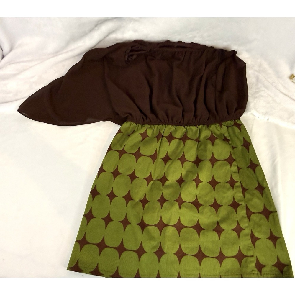 VTG Judith March One Shoulder Dress Small Green Brown Retro Geometric Mini USA - Picture 2 of 10